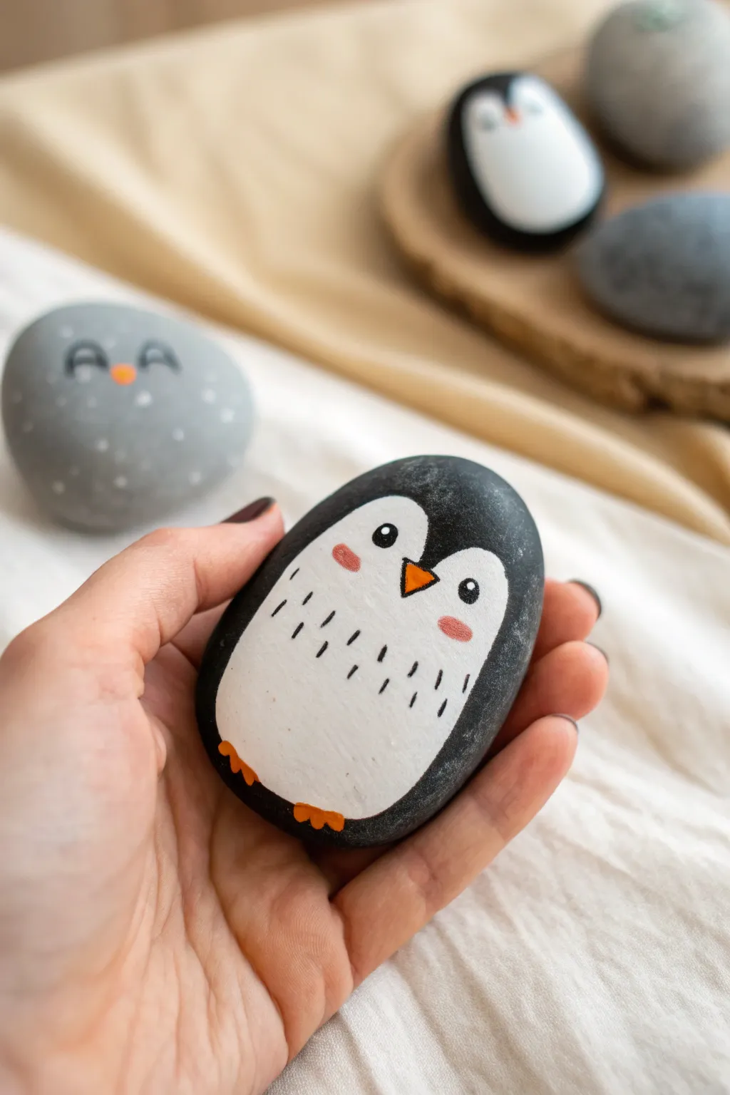 Paint a sweet penguin face on river rocks and create a tiny minimalist rock family display.