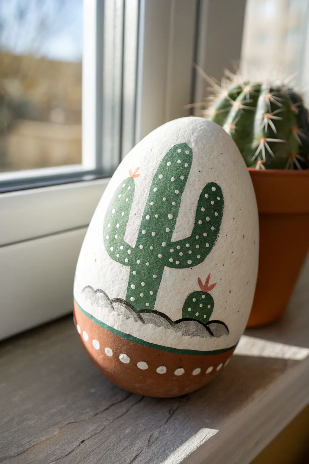 Minimal cactus pot rock painting: clean lines, terracotta base, and soft boho neutrals