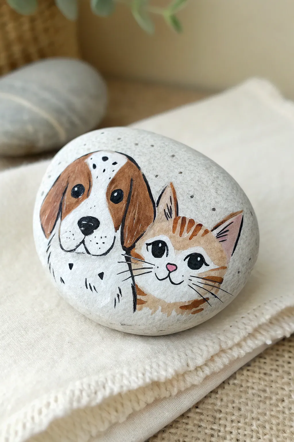 A single painted pet rock featuring a puppy and kitty face in a simple Scandinavian boho style
