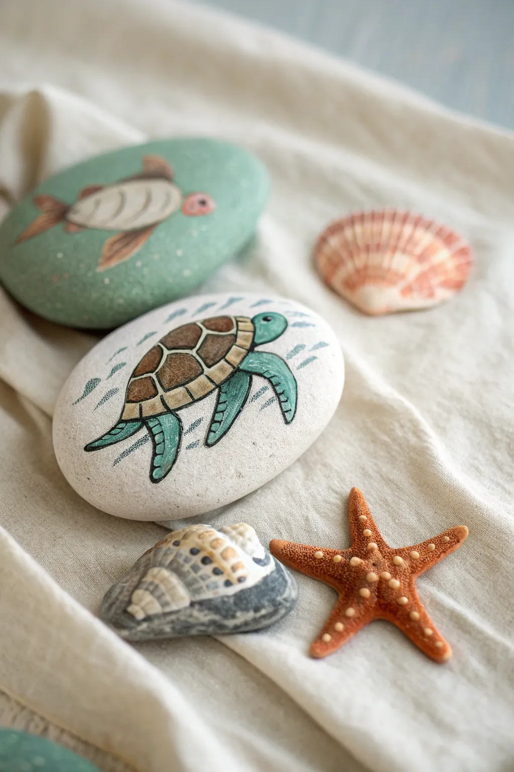 Ocean creature rock painting: a crisp sea turtle stone with soft beachy tones and calm contrast
