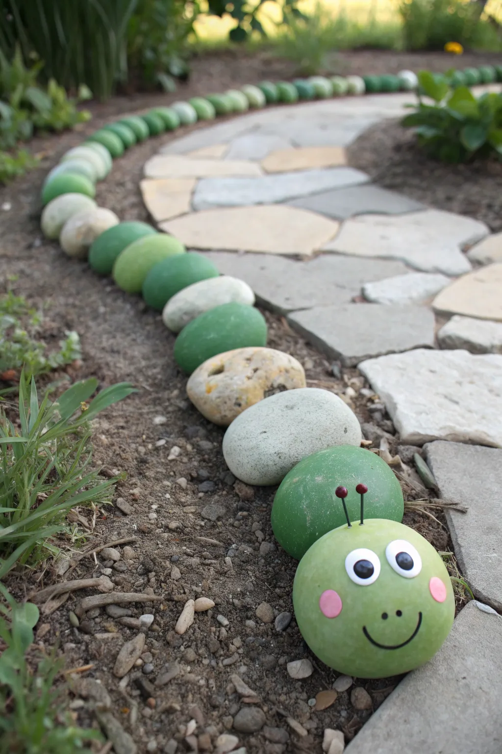 Green caterpillar rock train lining a garden path, minimalist charm for outdoor decor