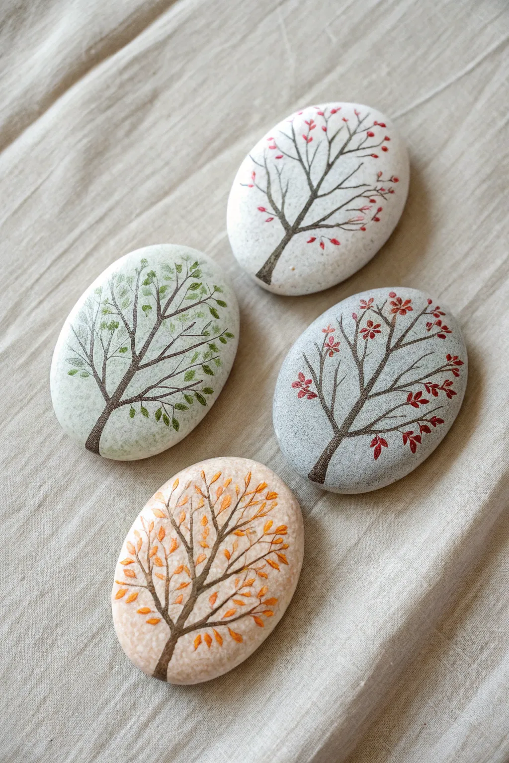 Four-season tree painted rocks in a clean minimalist row, soft light and earthy tones
