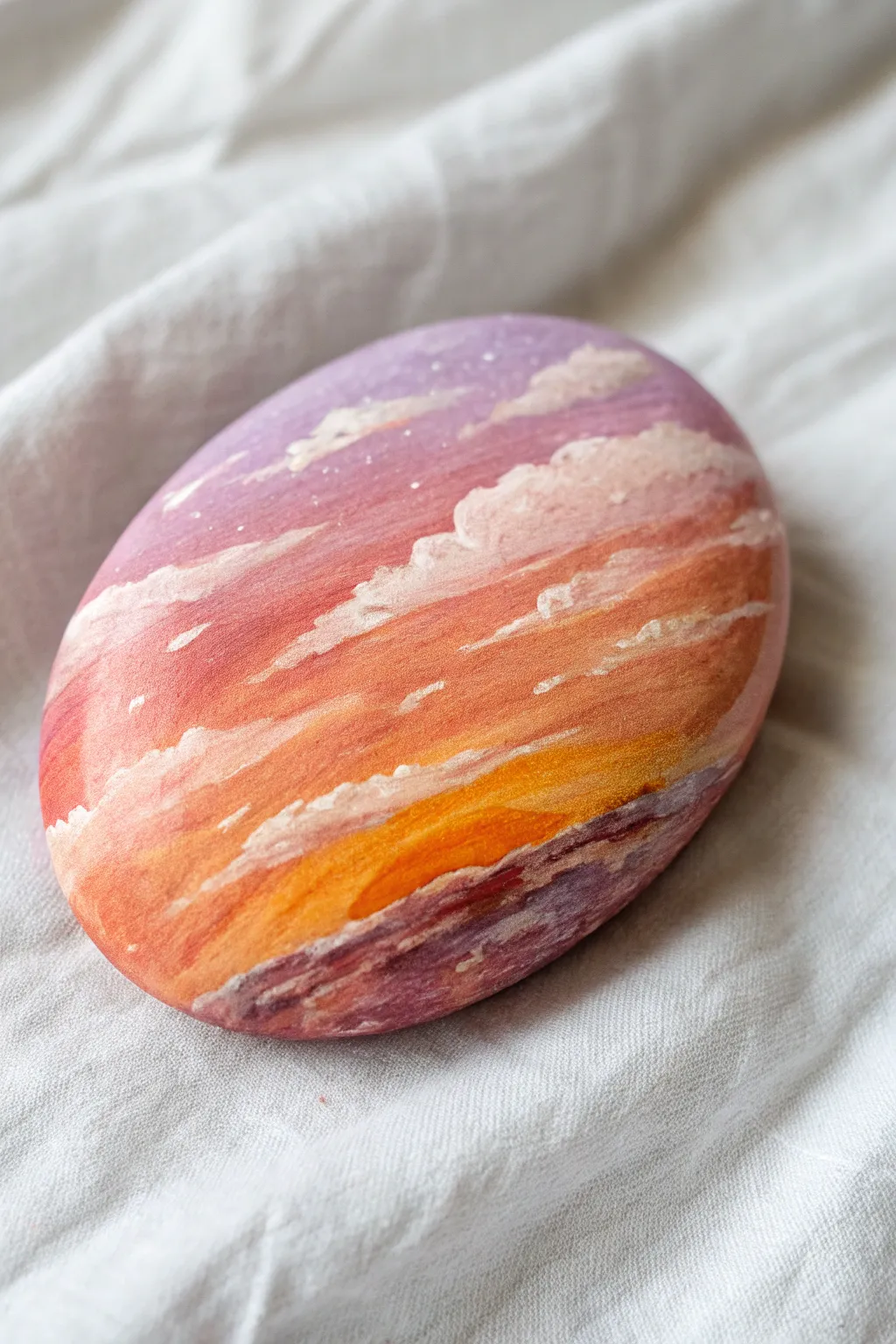 Paint a calming sunset rock with soft cloud streaks for an easy, minimalist boho look
