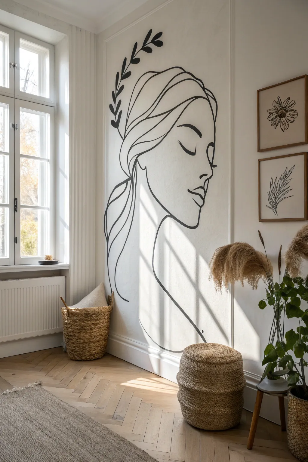 Minimal line art wall painting idea: one bold continuous stroke on a clean wall for airy decor