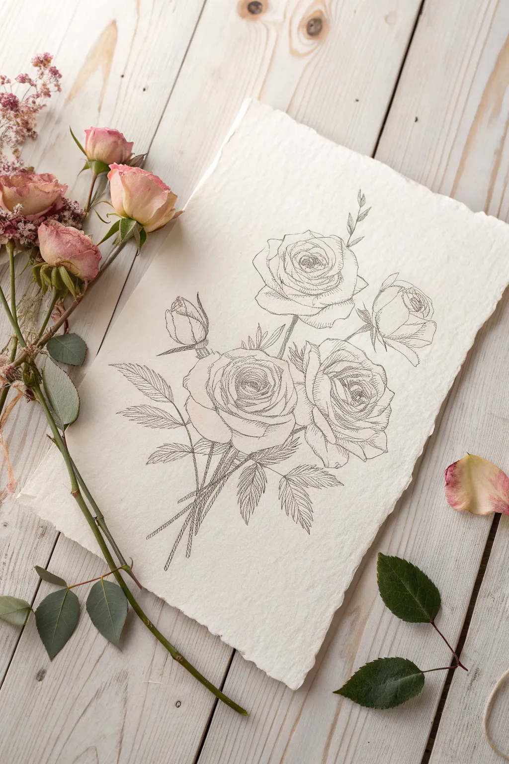 Loose rose bouquet sketch with layered blooms, soft fading lines, minimalist boho mood.