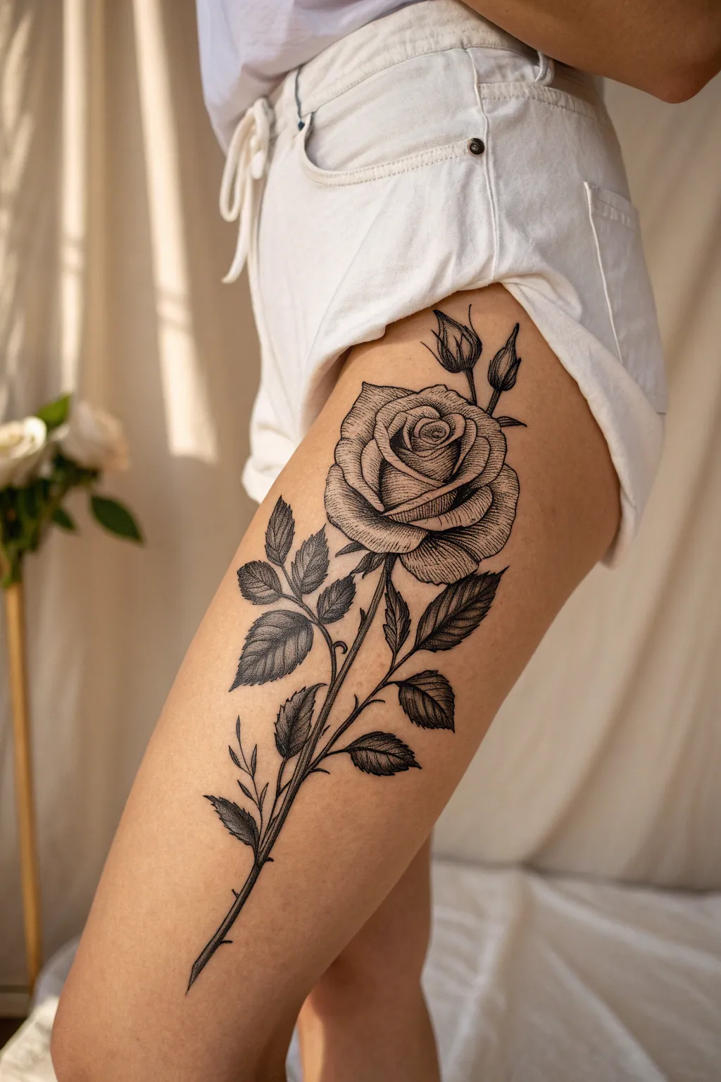 Bold thigh rose statement tattoo: one sweeping bloom with deep shading and elegant diagonal flow