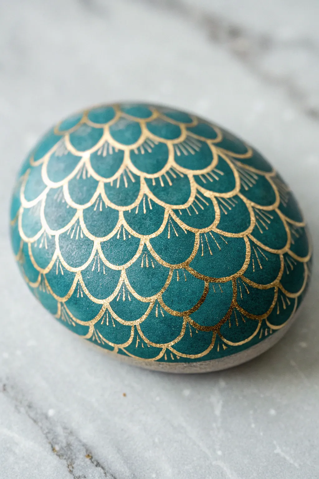 Shimmery fish-scale arches wrap a round rock for a minimalist boho look with bold contrast.