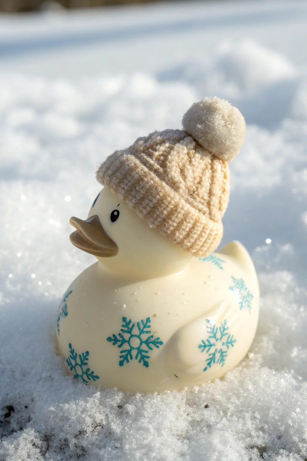 Create a cozy winter wonderland with this snowflake-painted duck wearing a tiny knit hat.