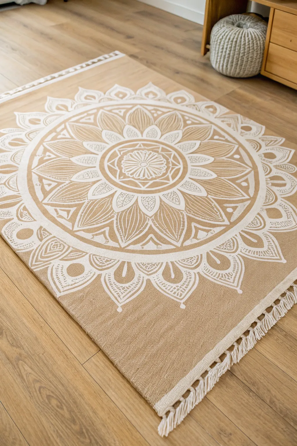 Centered boho mandala rug painting in earthy tones, styled minimal with subtle DIY tools