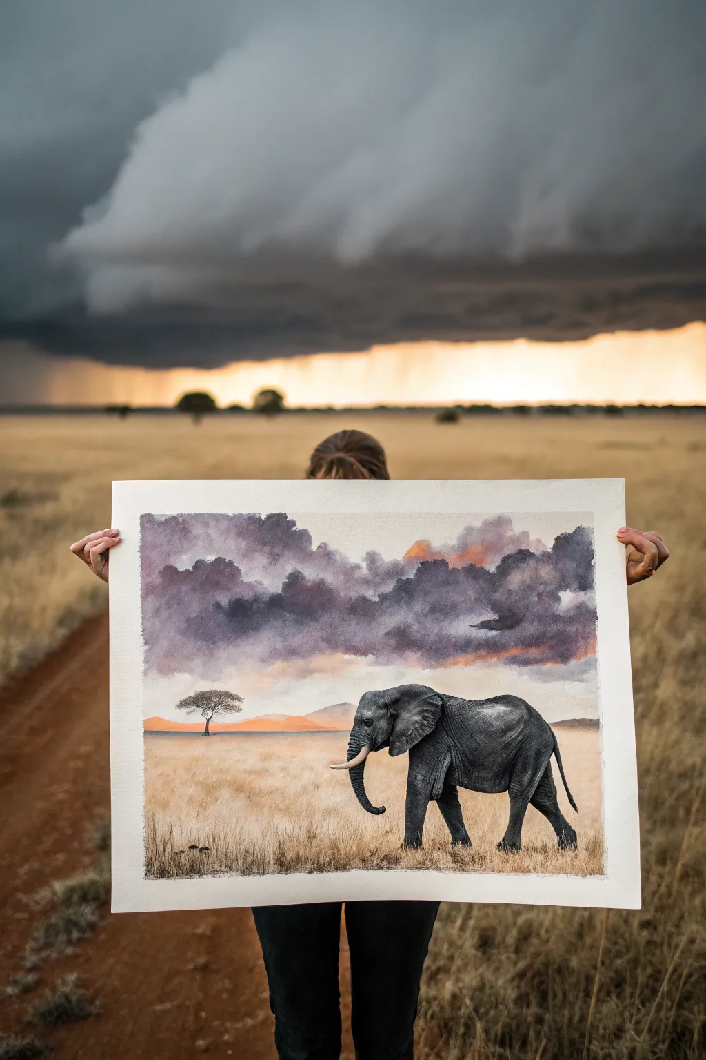 A lone elephant silhouette beneath purple storm clouds and a dusty orange savanna horizon.