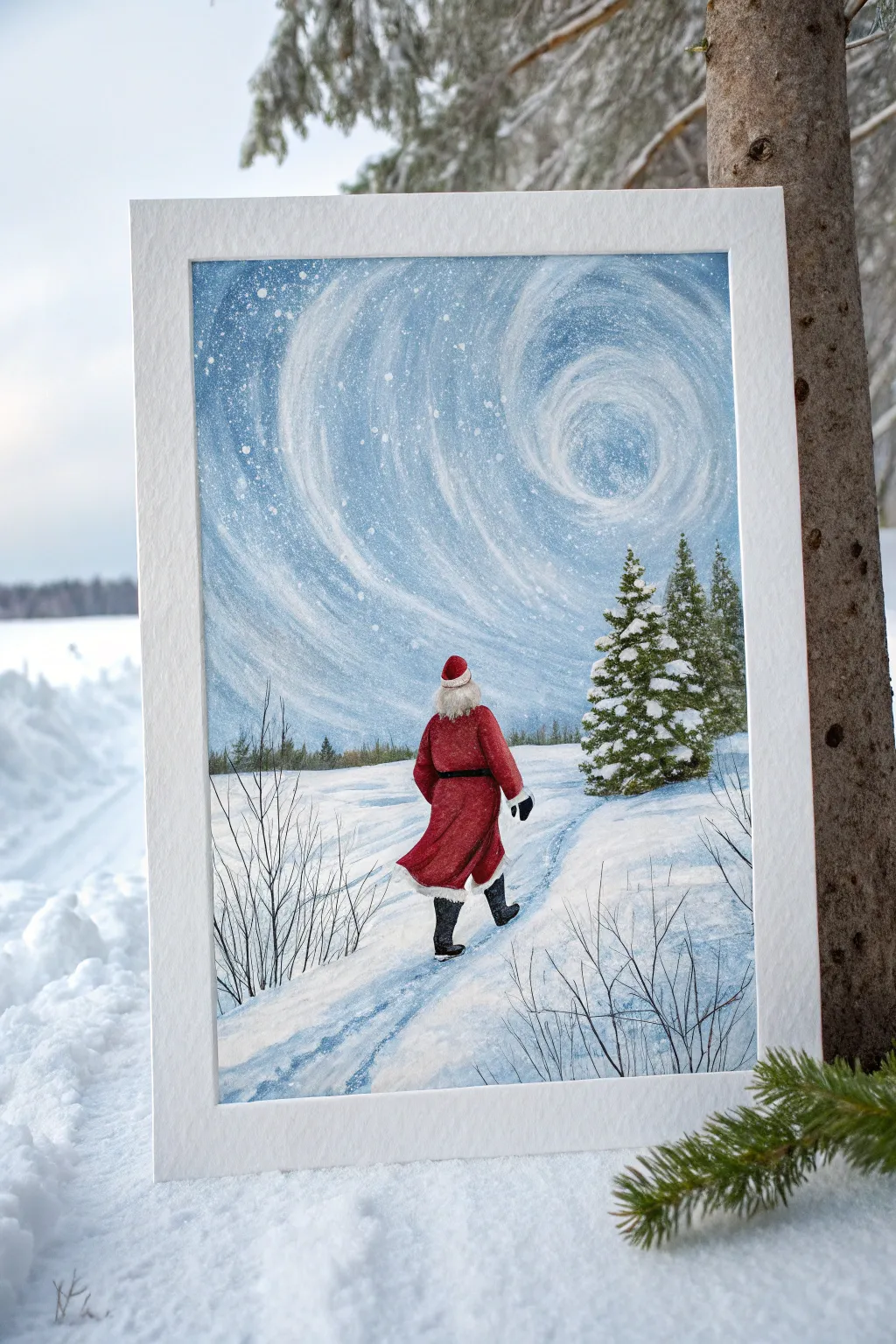 Santa strides through a swirling snowstorm in icy blues and bold red, minimalist and cozy.
