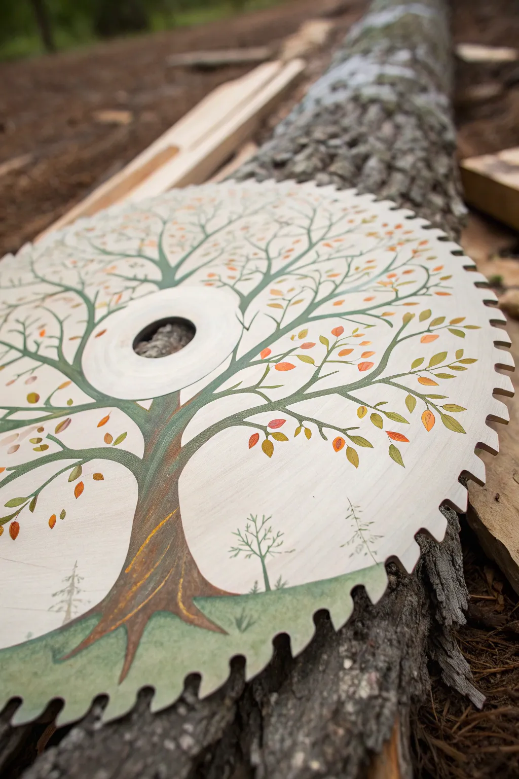 Tree of Life saw blade painting with the arbor hole as a glowing center orb in soft boho neutrals