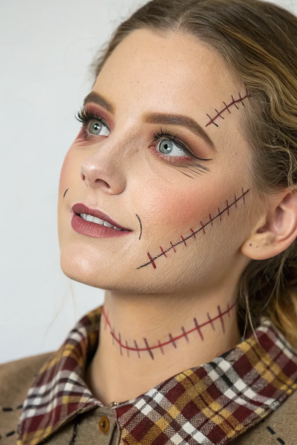 Scarecrow jawline stitch border with soft shading and a cozy plaid collar peek