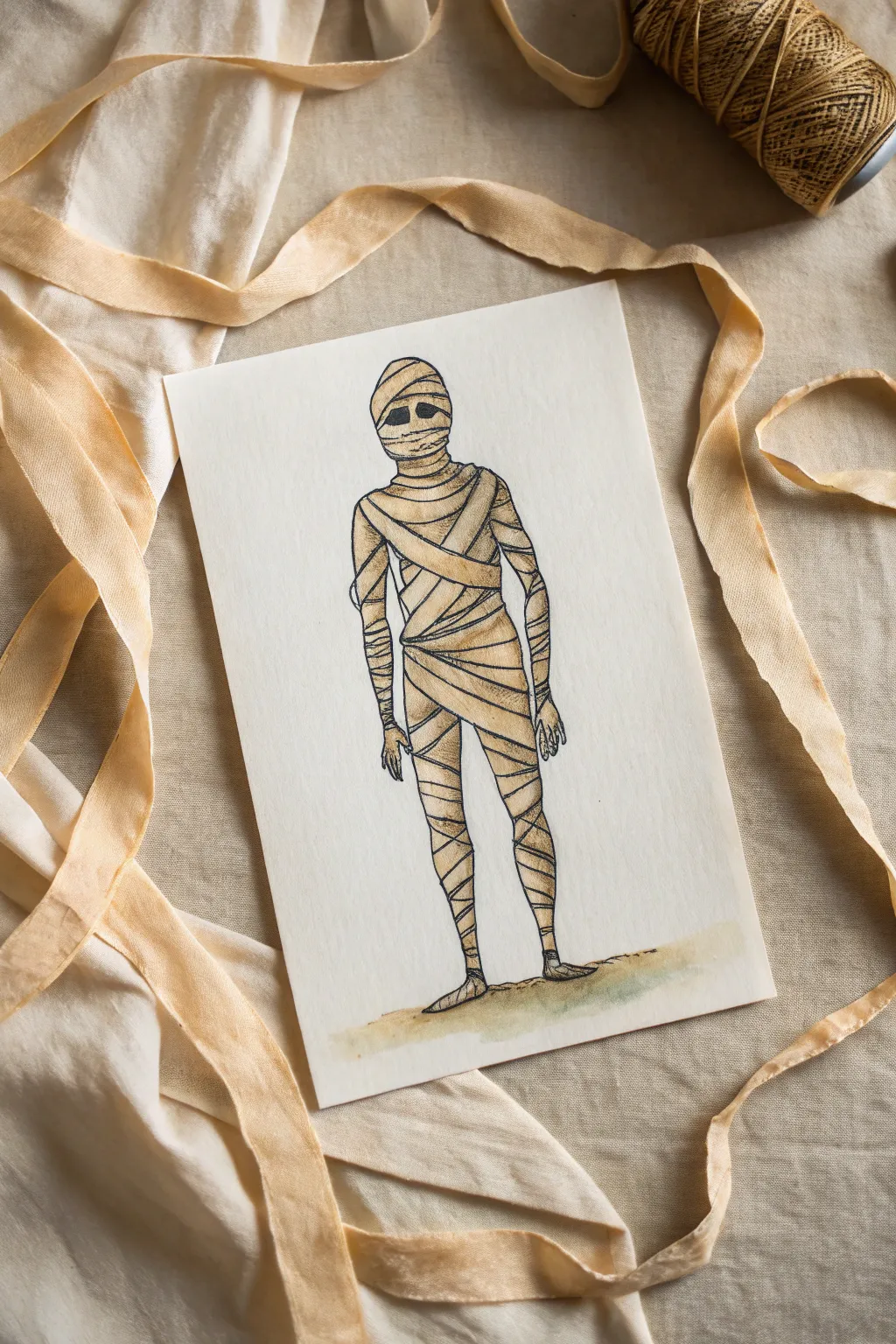 Minimalist mummy sketch with trailing bandages and a hollow glowing stare, perfect for Halloween.