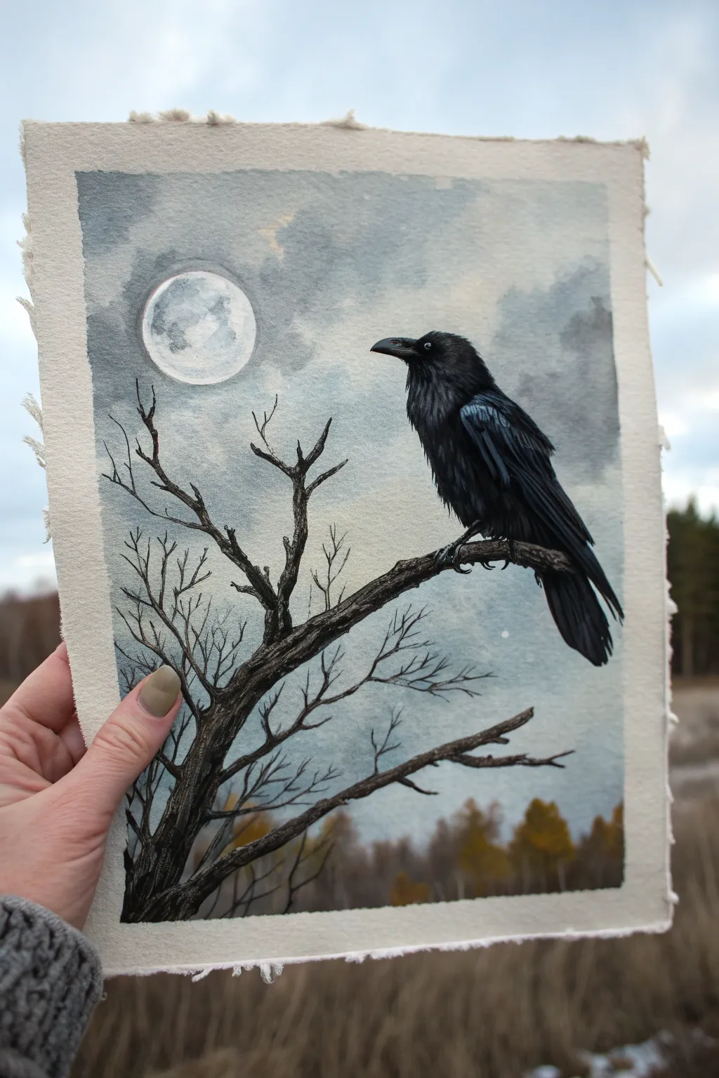 Glossy raven on a dead branch, rim-lit against a misty moon for a chic spooky Halloween vibe