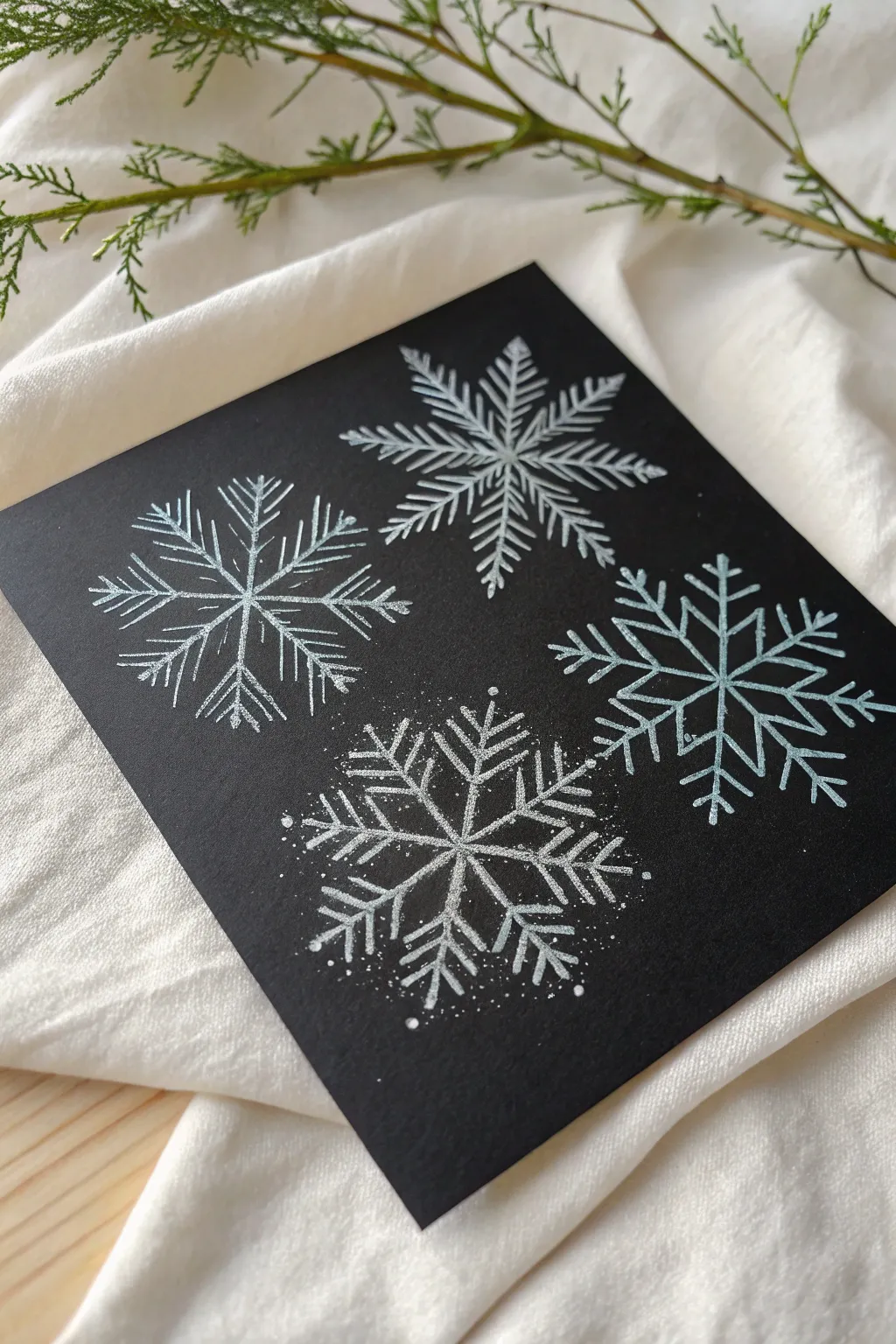Elegant scratch art snowflakes with crisp symmetry and shimmering detail on a clean minimal backdrop