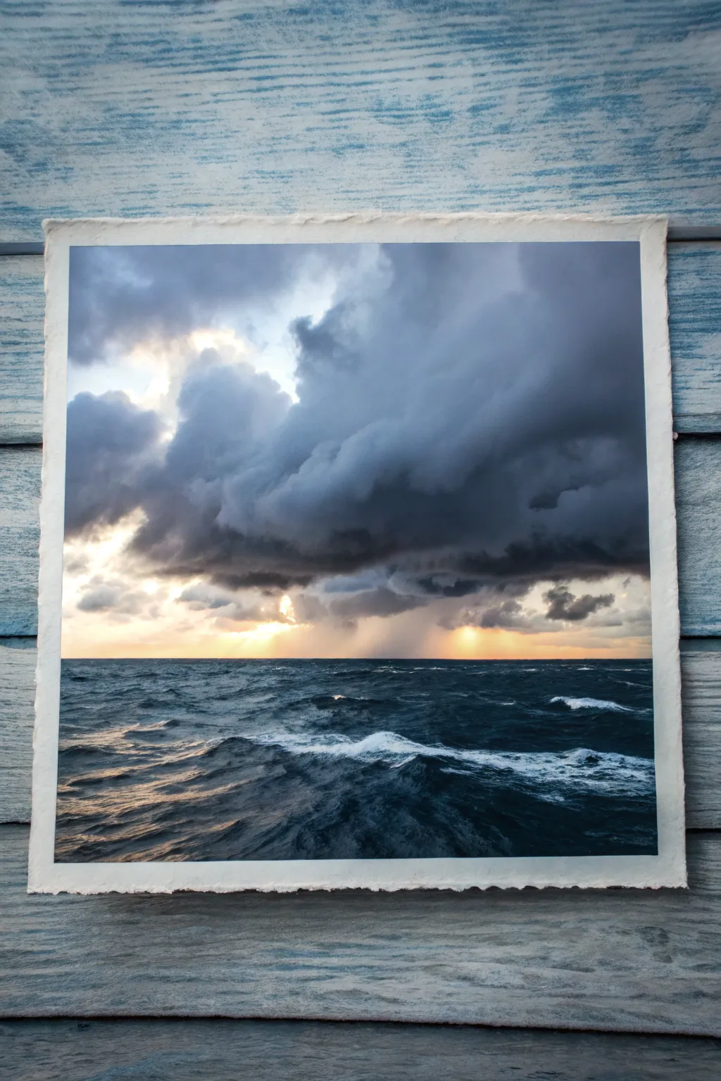 Dramatic storm clouds meet choppy waves in a minimalist seascape with bold contrast