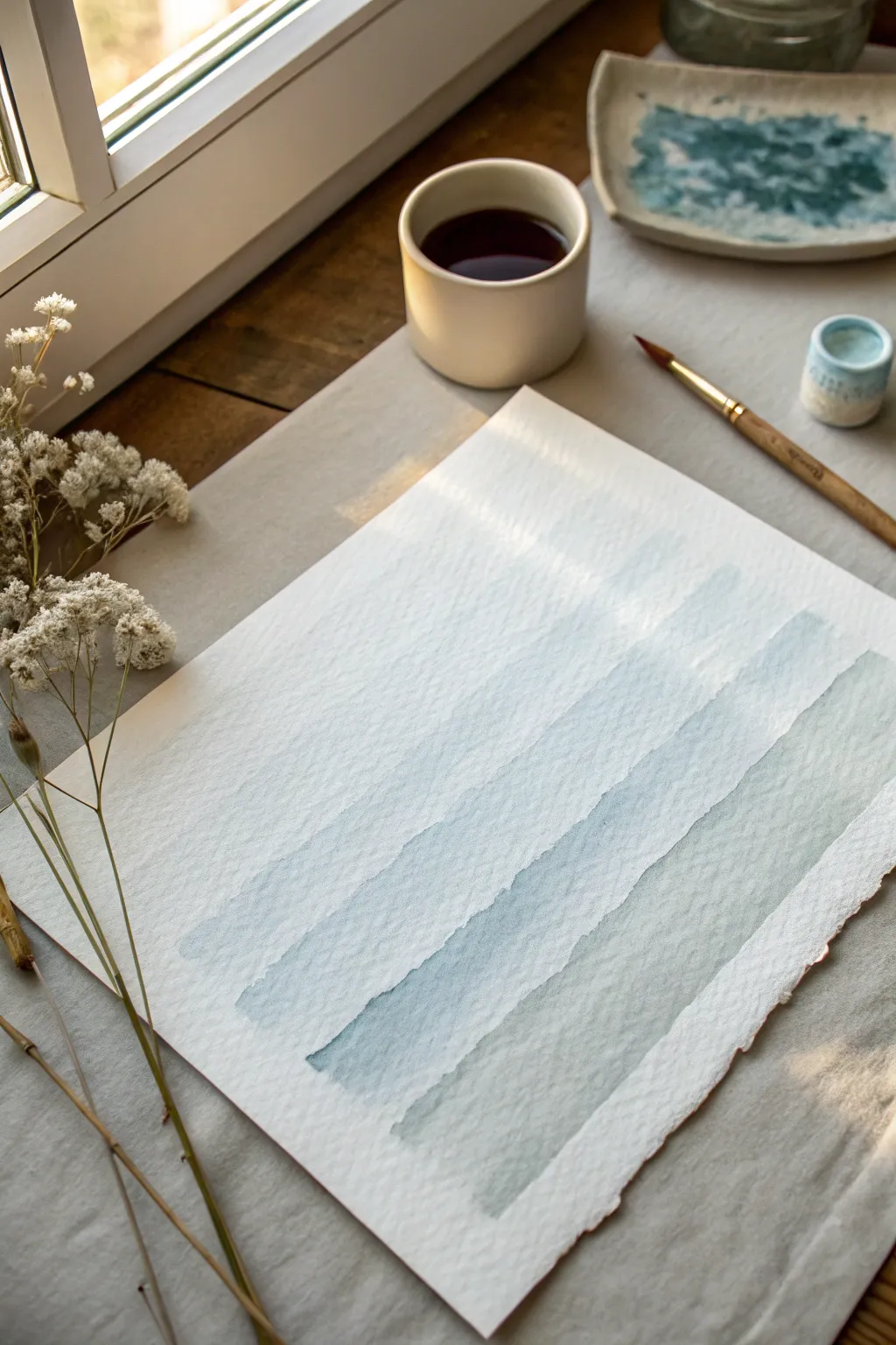 Meditative breath brushstrokes in soft gray-blue, a minimalist self-care painting ritual.
