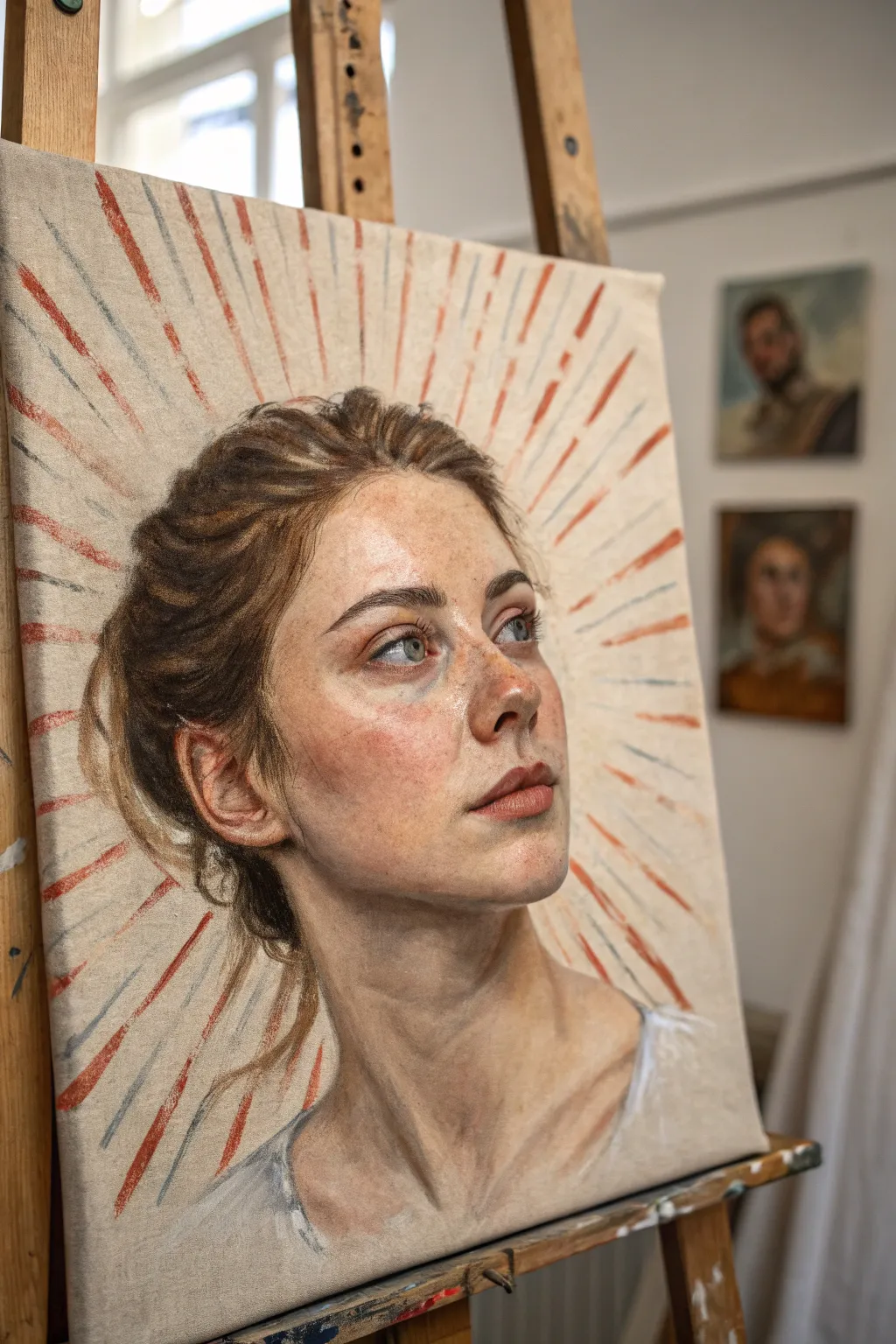 Self-portrait idea with a calm face and an expressive thought-burst of rays and scribbled marks