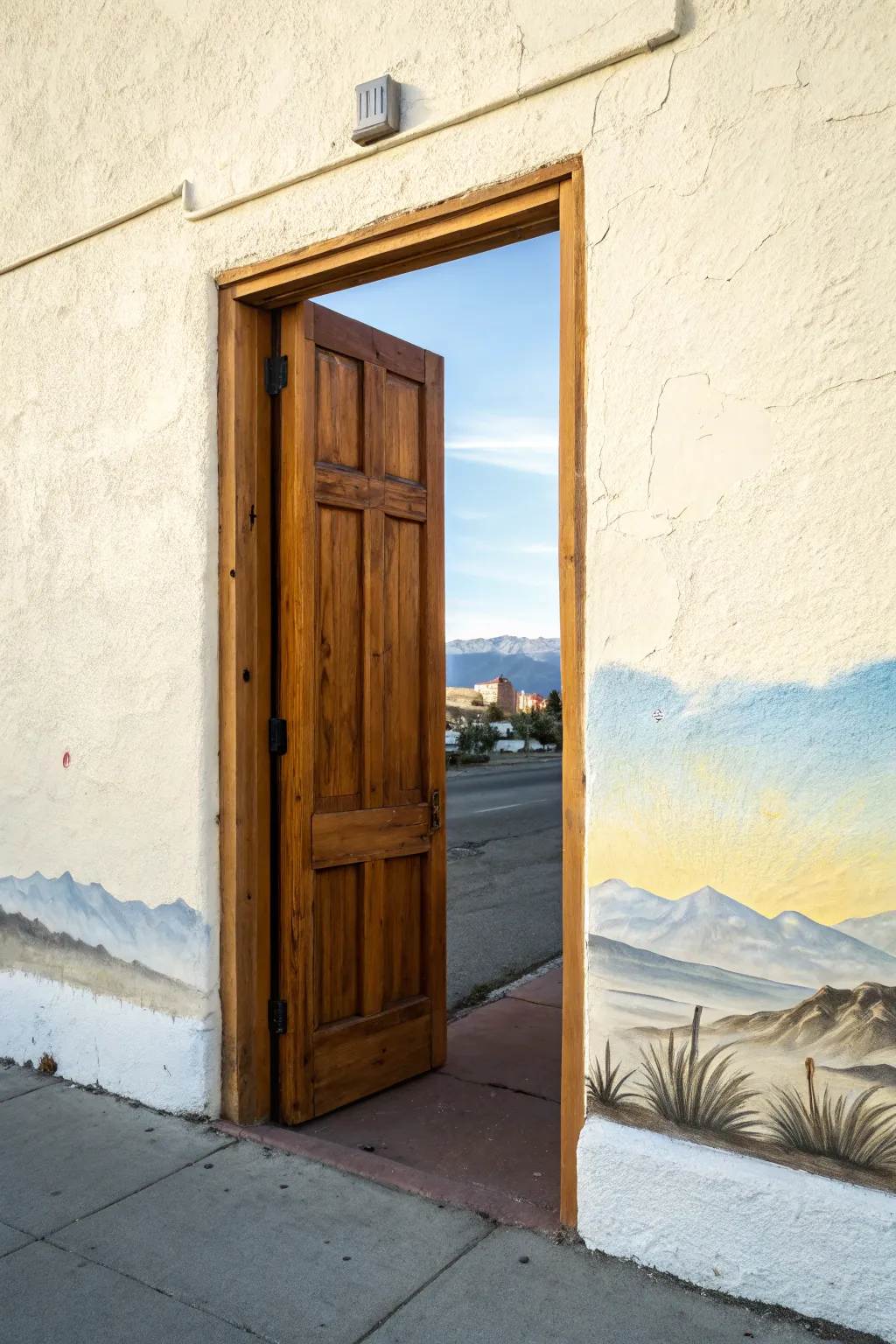 Minimal boho open-door mural for seniors, bright horizon inside and subtle new-beginning symbols