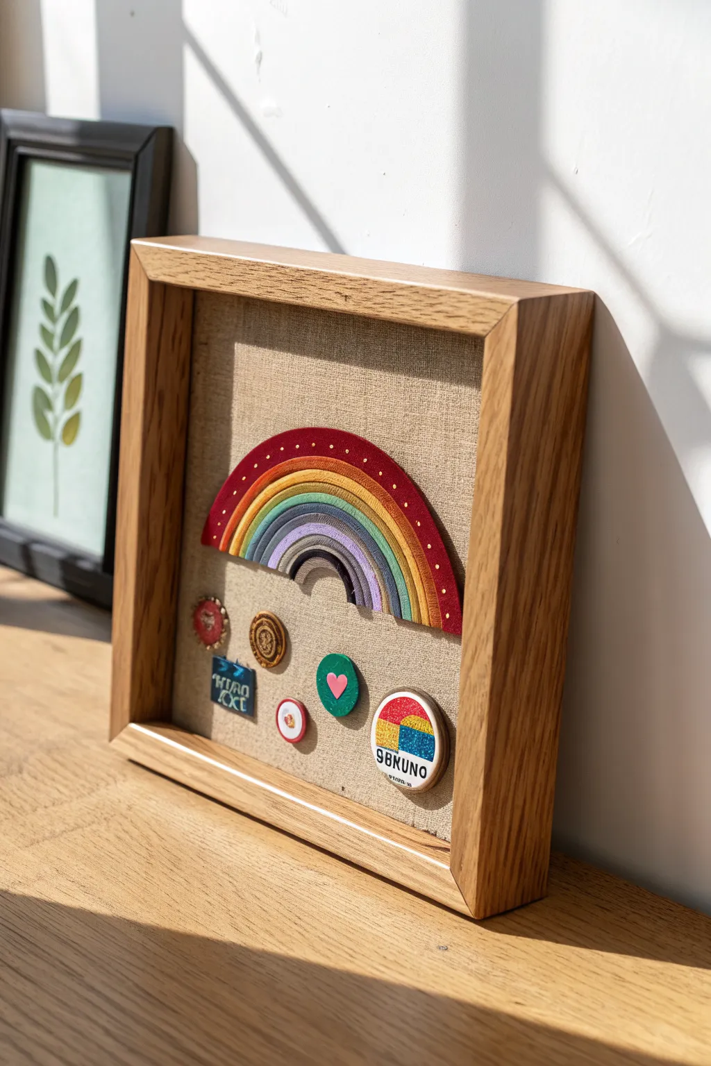 Rainbow pins, buttons, and patches in a bold fabric shadow box, lit to show every texture