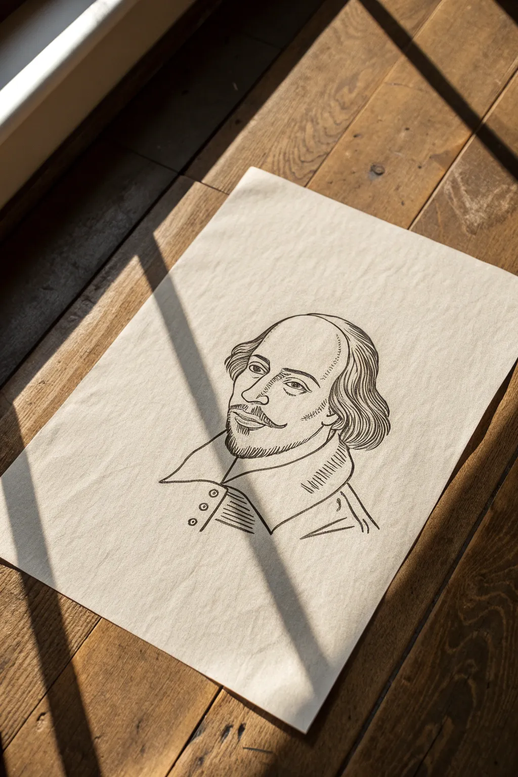 Minimal one-line Shakespeare profile in bold ink, clean Scandinavian style with a soft boho touch