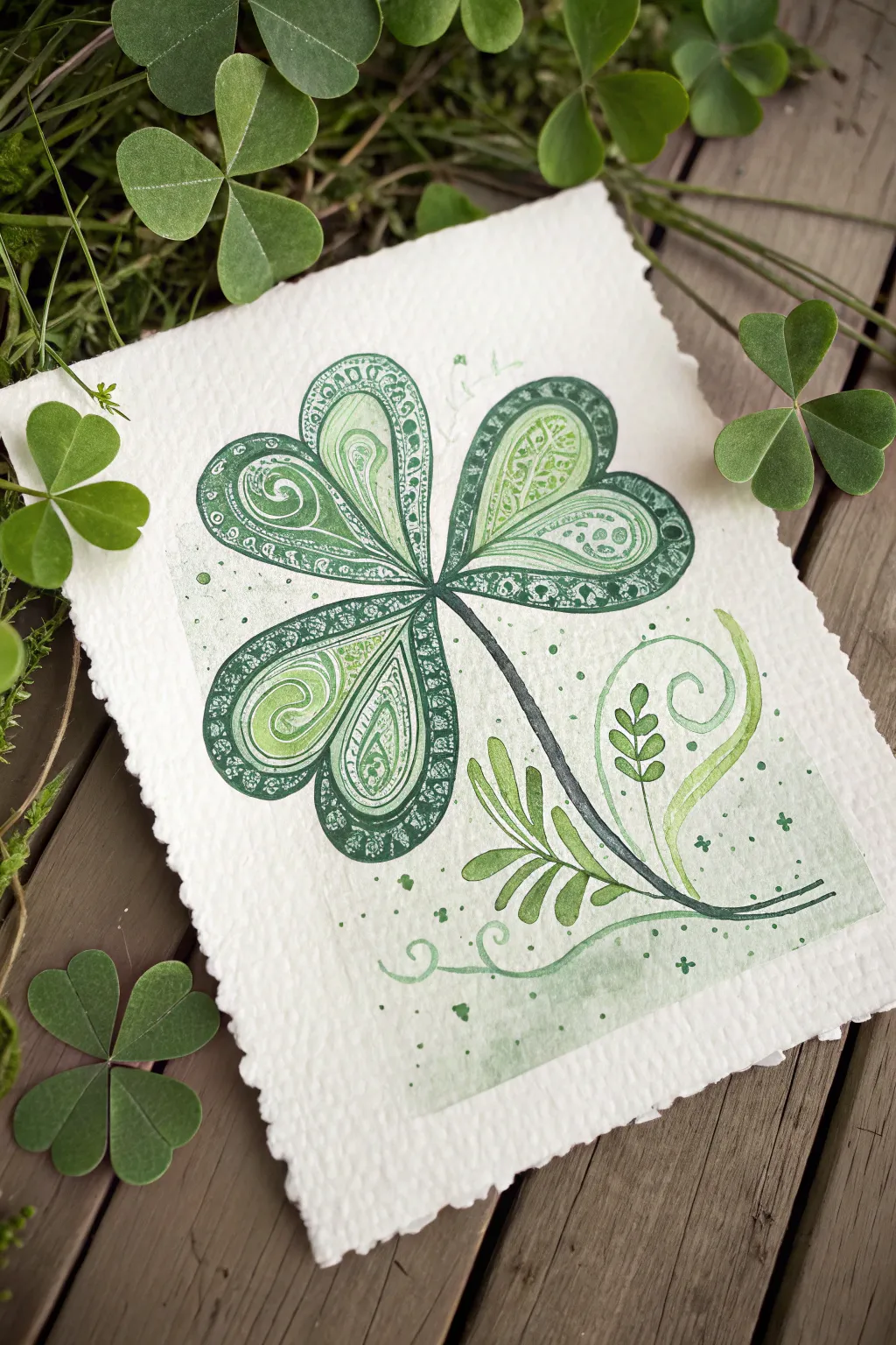 Crayon-resist shamrock with crisp watercolor fills and simple doodle patterns in each leaf