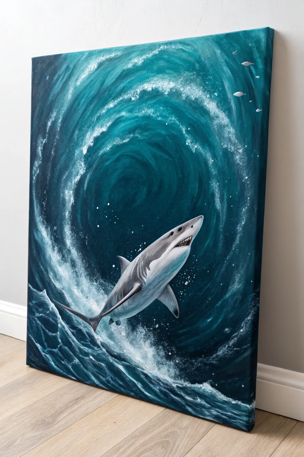 Stormy shark painting with swirling water and crisp white foam, minimalist Scandinavian boho mood