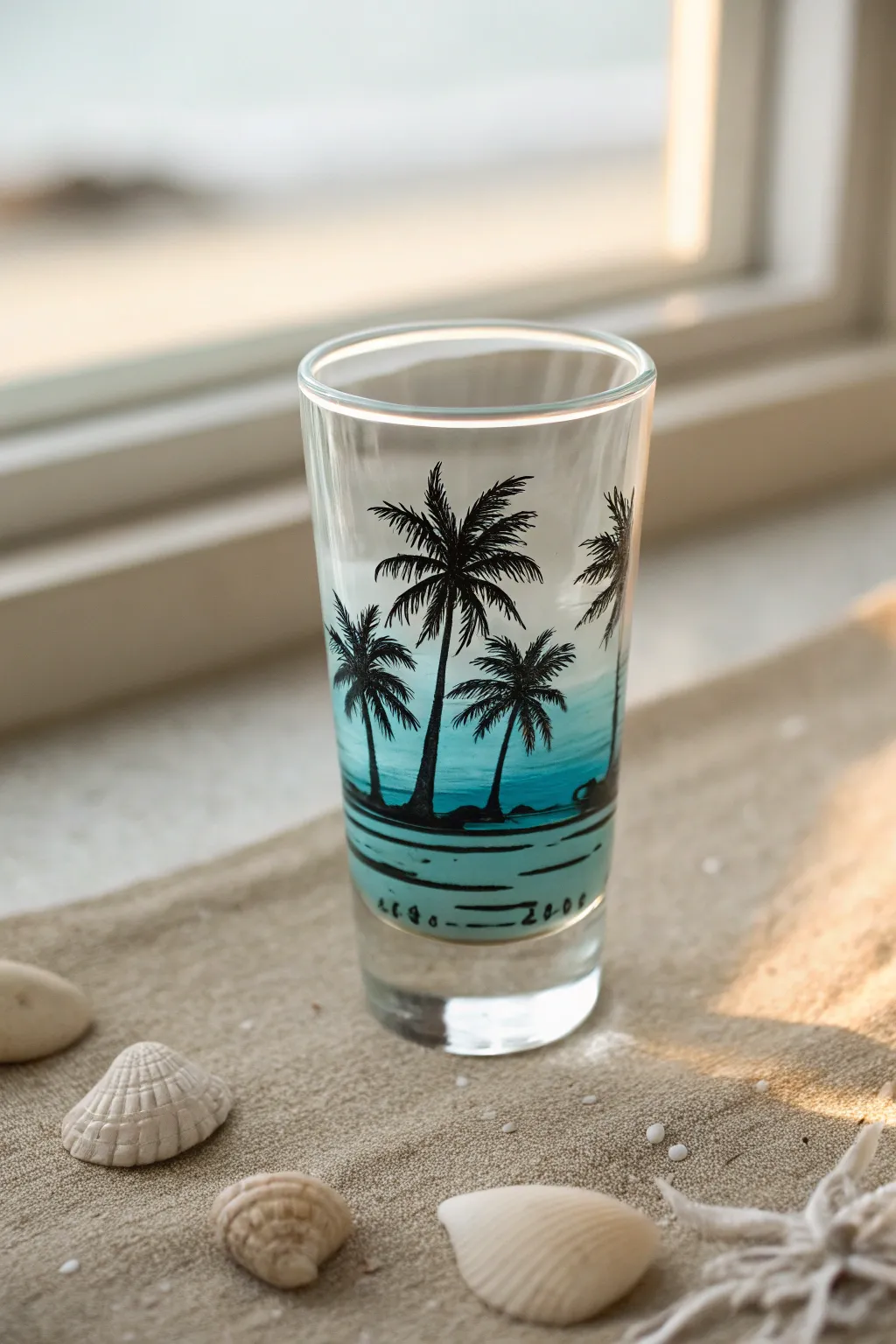 Paint an ocean horizon on a shot glass for an easy beachy souvenir vibe at home