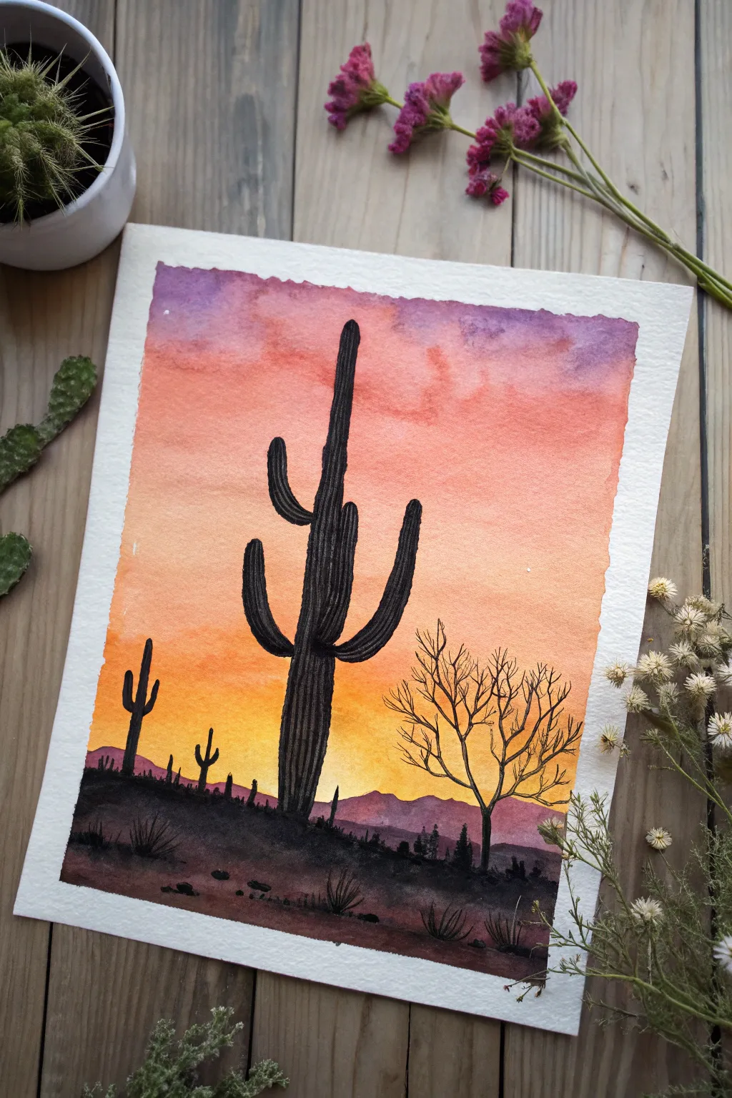 Minimal saguaro silhouette against a golden-to-purple desert sunset gradient, calm boho vibes.