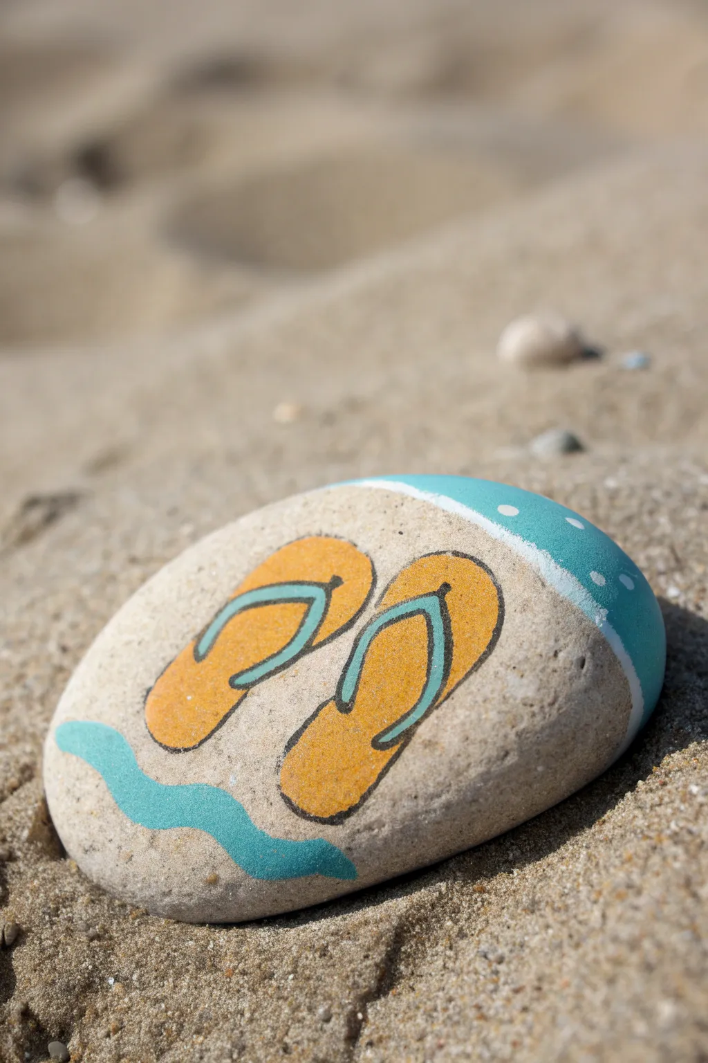 Paint a single pebble with bright flip-flops and a calm ocean stripe for easy beachy charm