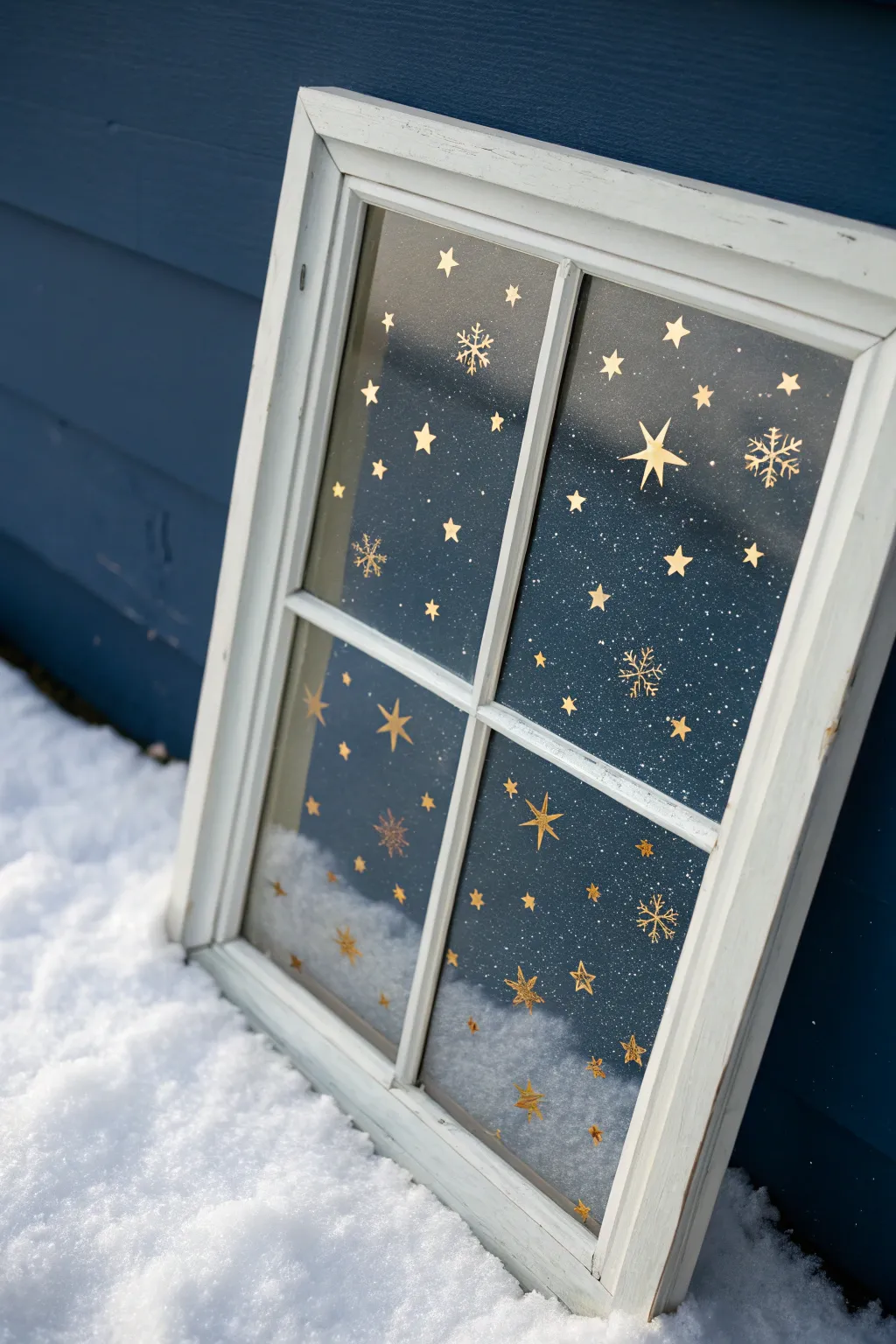 Paint a starry night on glass with snowy drift details, minimalist Scandi holiday charm.