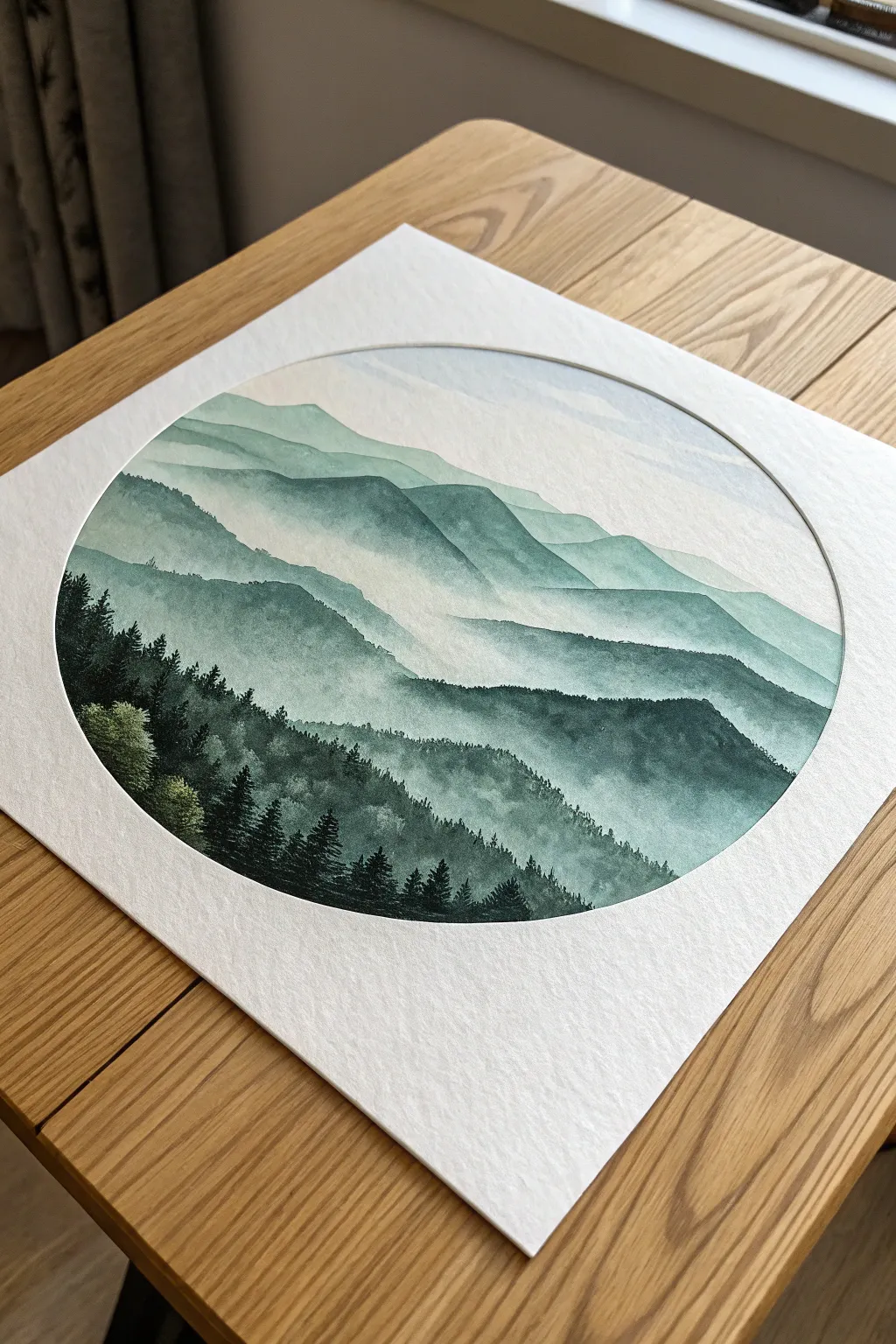 Create stunning depth with this layered monochromatic mountain circle painting idea.