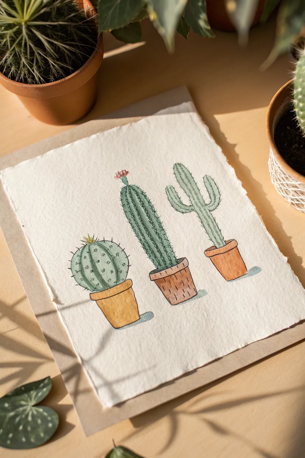 Minimal cactus trio in tiny terracotta pots, an easy cute painting idea for beginners