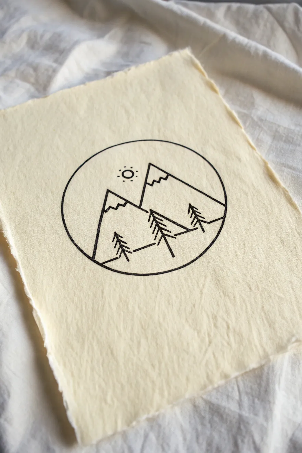 Minimal circle-framed mountain doodle with sun and pines, bold lines and easy shapes to fill