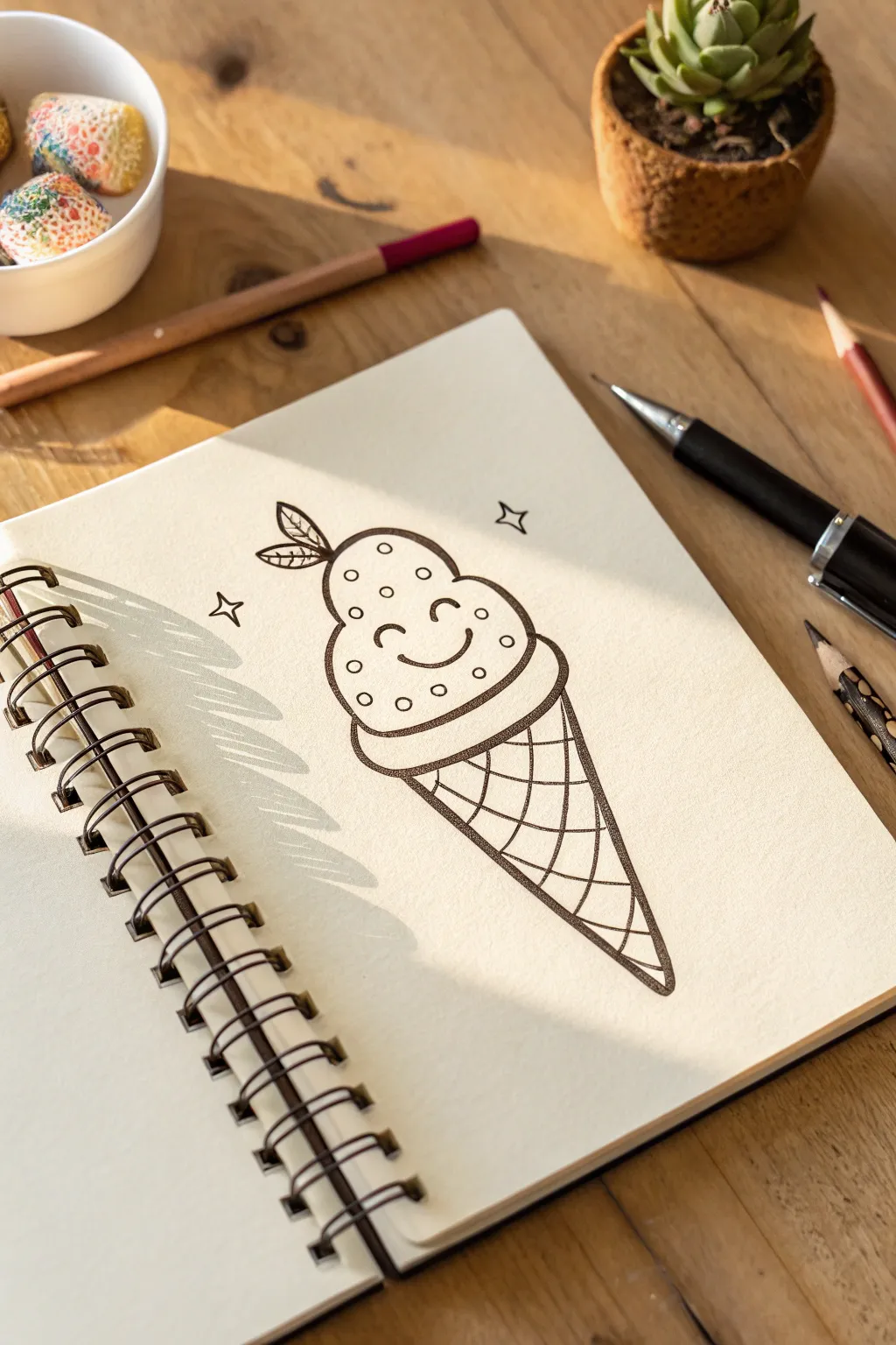 Cute snack doodle: a simple smiling ice cream cone with sprinkles, ideal for quick sketching
