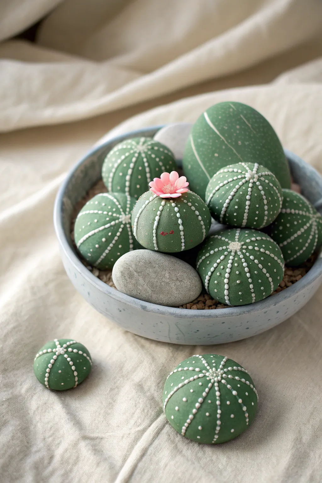Paint tiny cactus rocks with simple spines and a pink bloom for an adorable minimalist set.