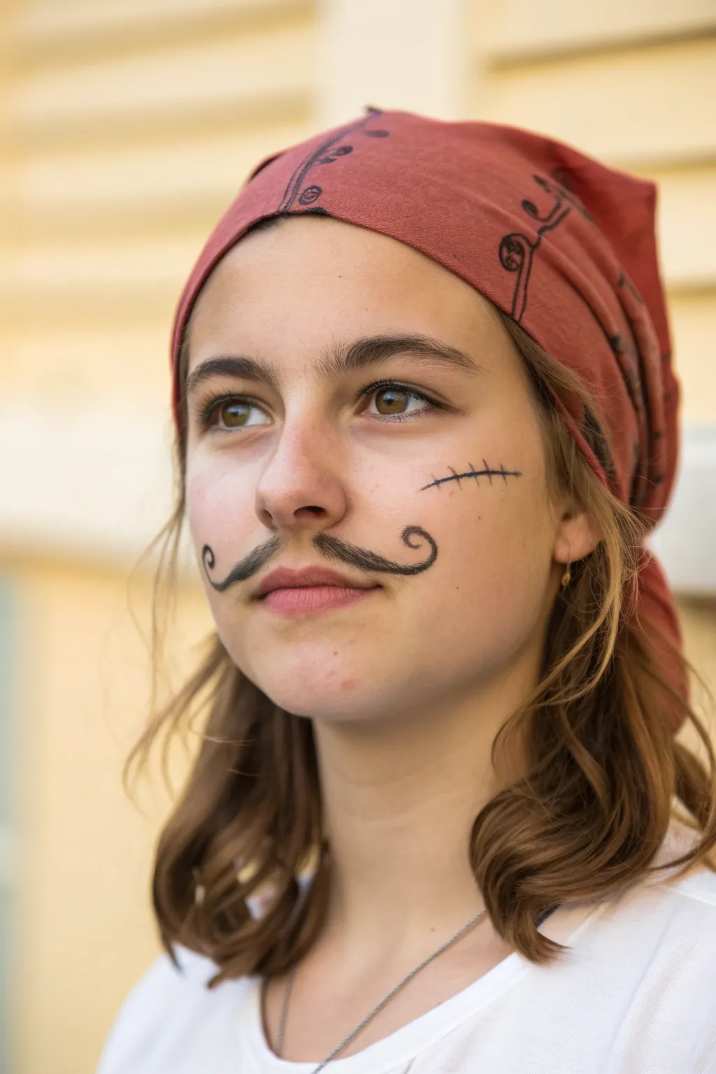 Simple pirate face paint: curled mustache and tiny stitched scar, clean black lines and cozy minimal style.