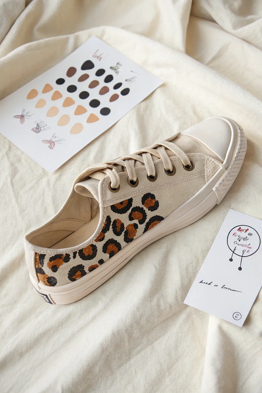 Neutral canvas sneaker with simple animal print spots, minimal and easy to recreate