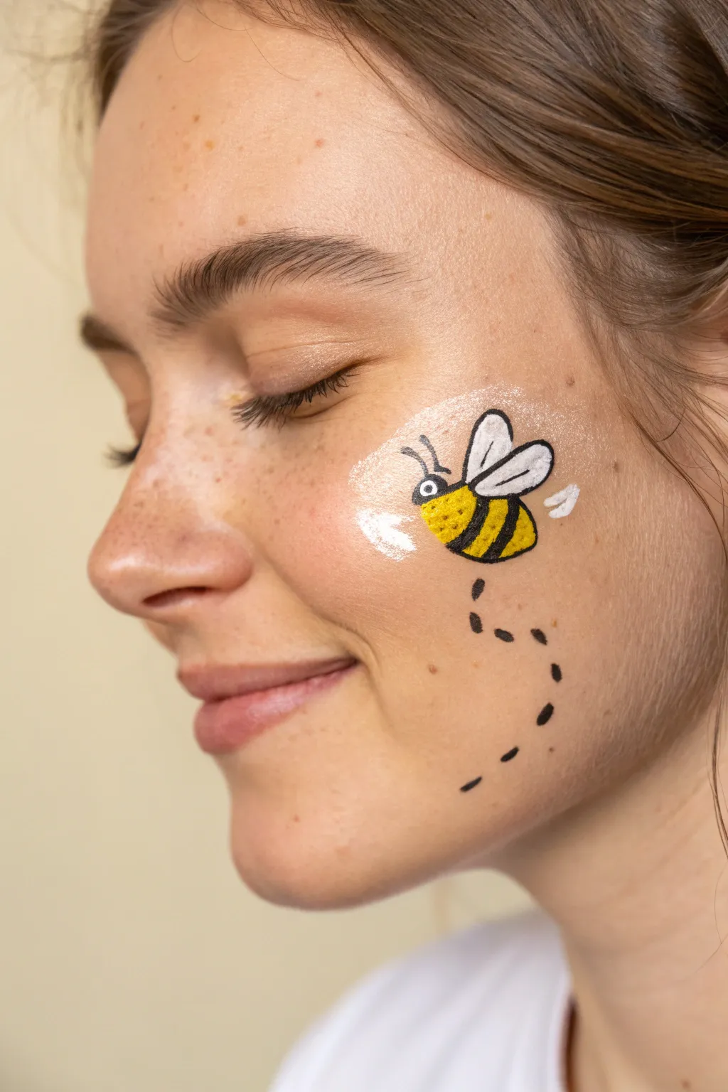 Minimal bumblebee cheek art: tiny yellow oval, clean stripes, soft wings, dotted flight trail.