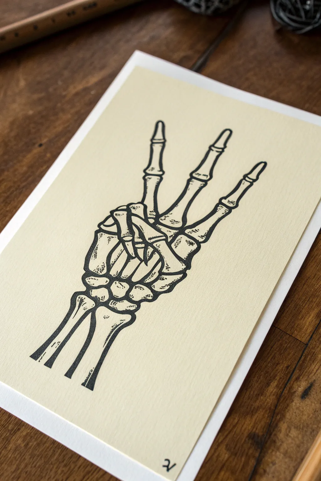 Minimalist skeleton hand peace sign with crisp lines and soft boho neutrals for sketch inspo.