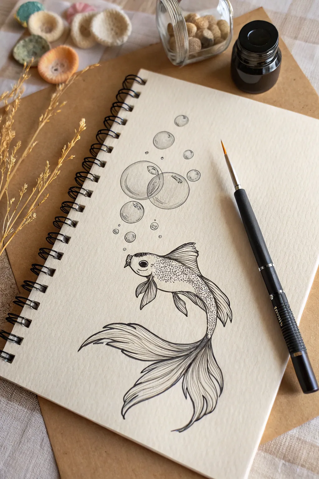 Minimal line goldfish sketch with airy bubbles, calm Scandinavian feel and gentle depth.