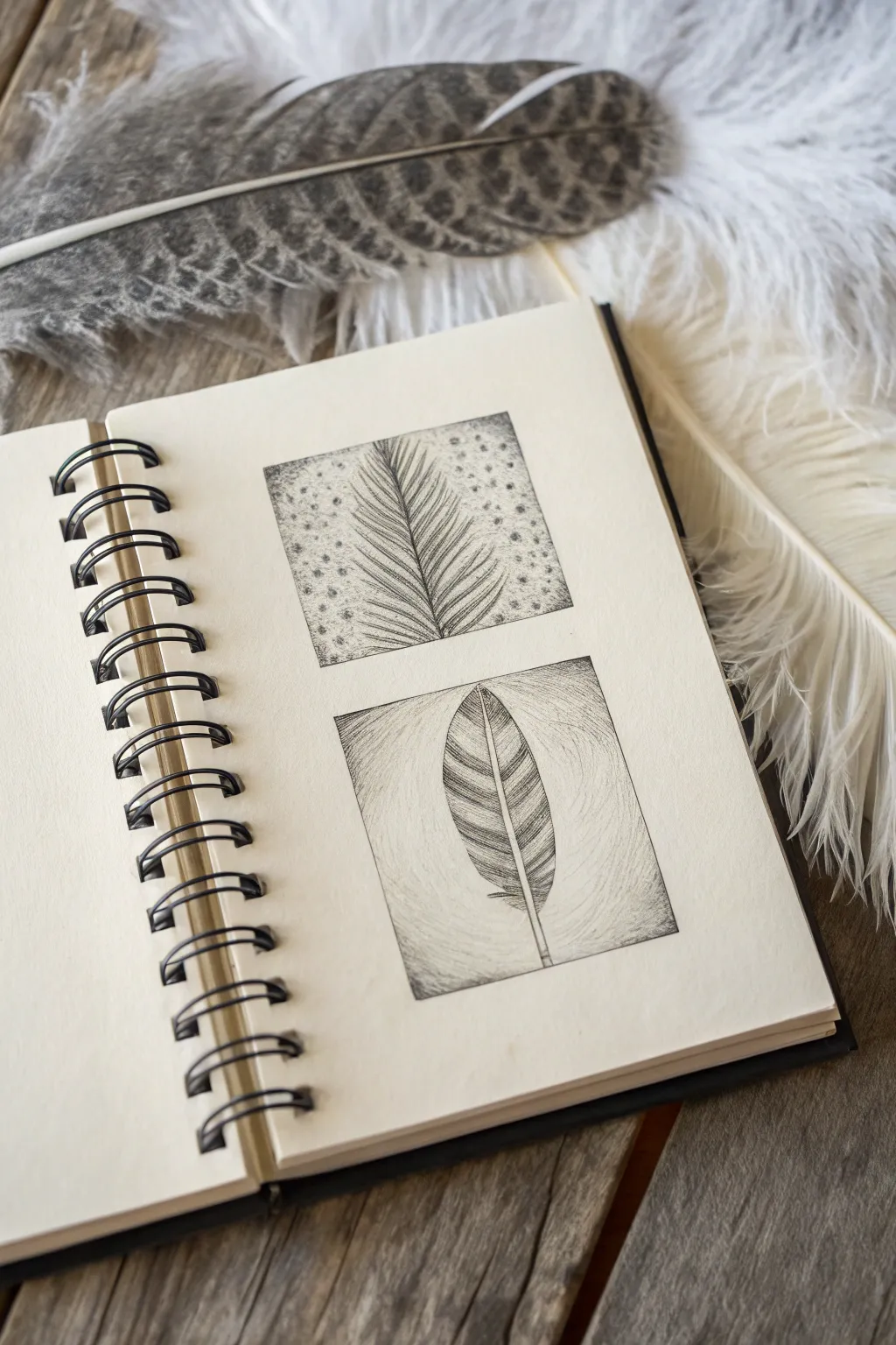 Minimal sketchbook swatches of feather, fur, and scales for calm, modern sketch practice.