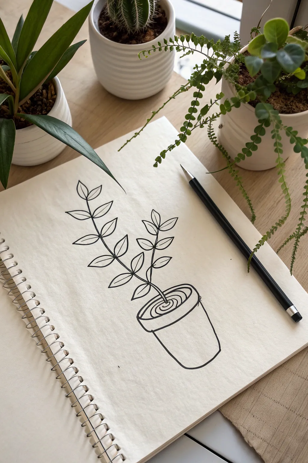 Try a calming single-line houseplant sketch: minimal, playful, and beautifully simple.