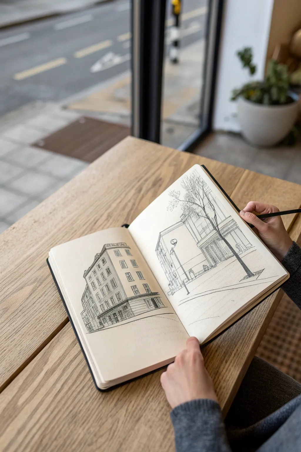 Quick street scene spread with simple lines and bold shadow shapes for effortless urban sketching