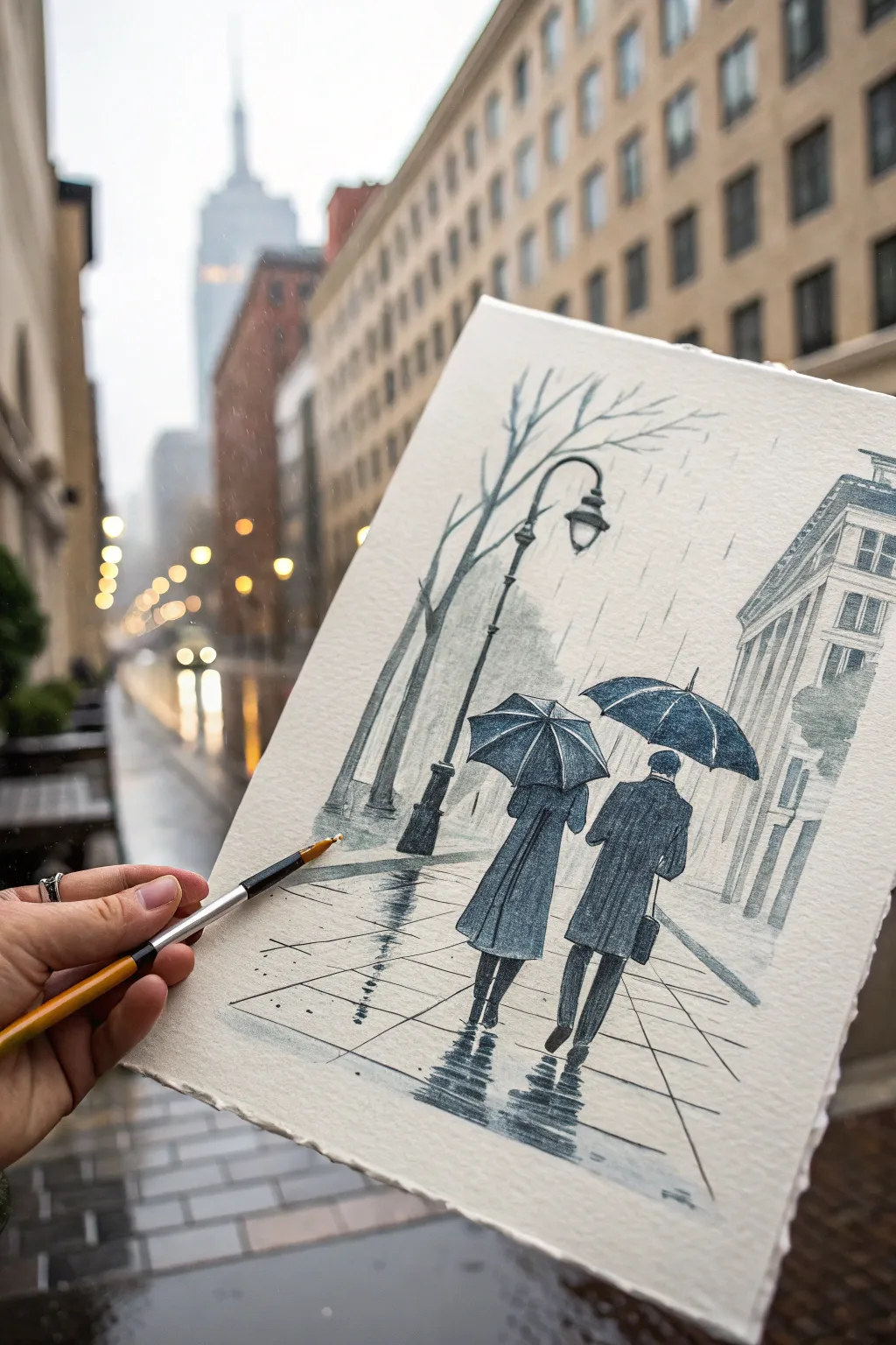 Urban sketch inspiration: simple umbrella figures with rain lines and puddle reflections in ink and wash