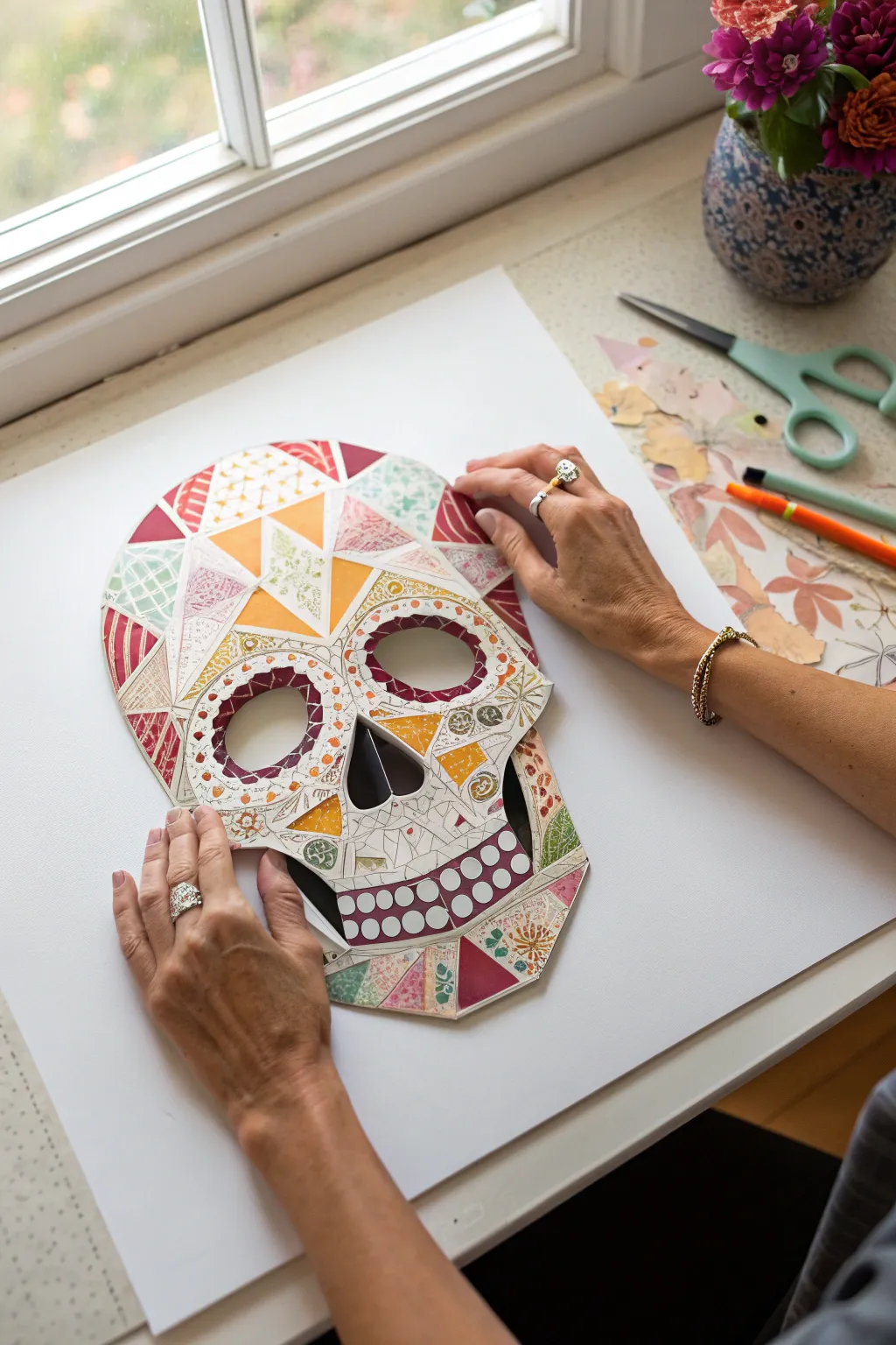 Layer vibrant cut paper into a striking skull collage, Scandinavian minimalism with a boho twist