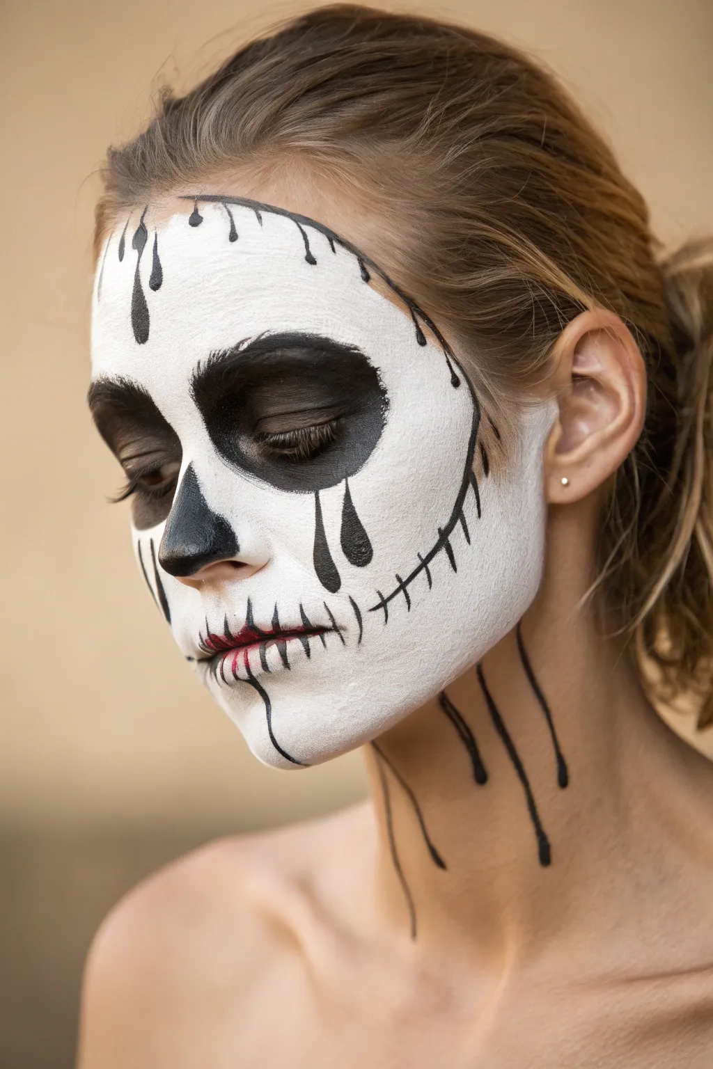 Minimalist dripping ink skull face paint with bold contrast and clean, modern boho vibes