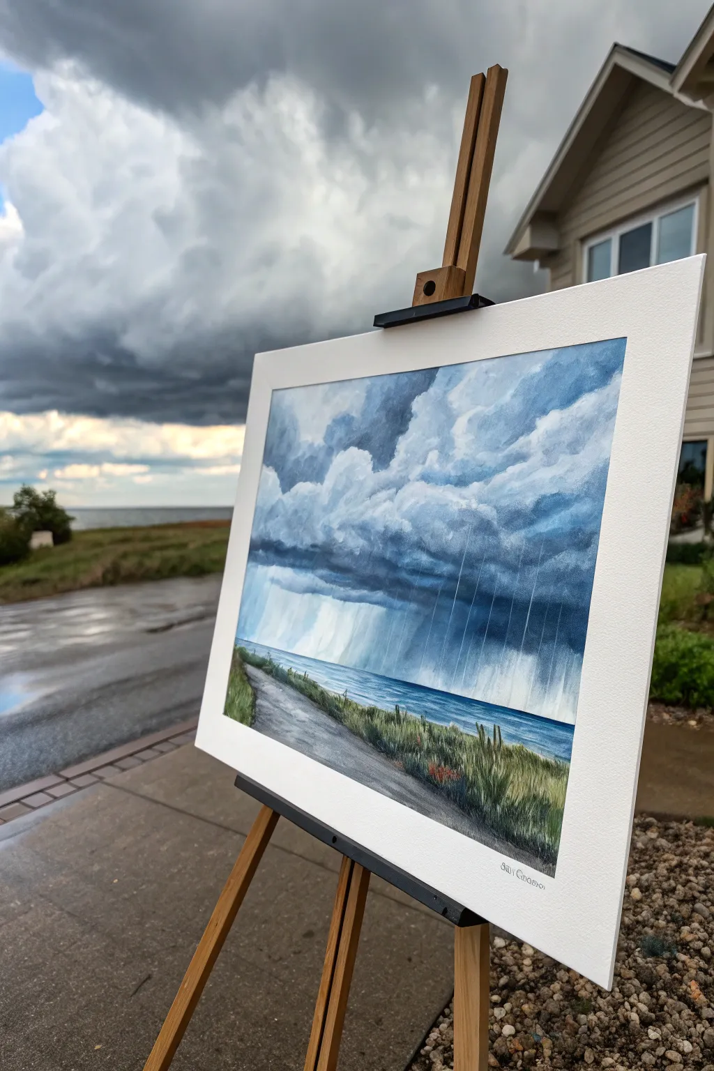 Moody rain-driven sky study with directional brush streaks and a whisper-thin horizon line.