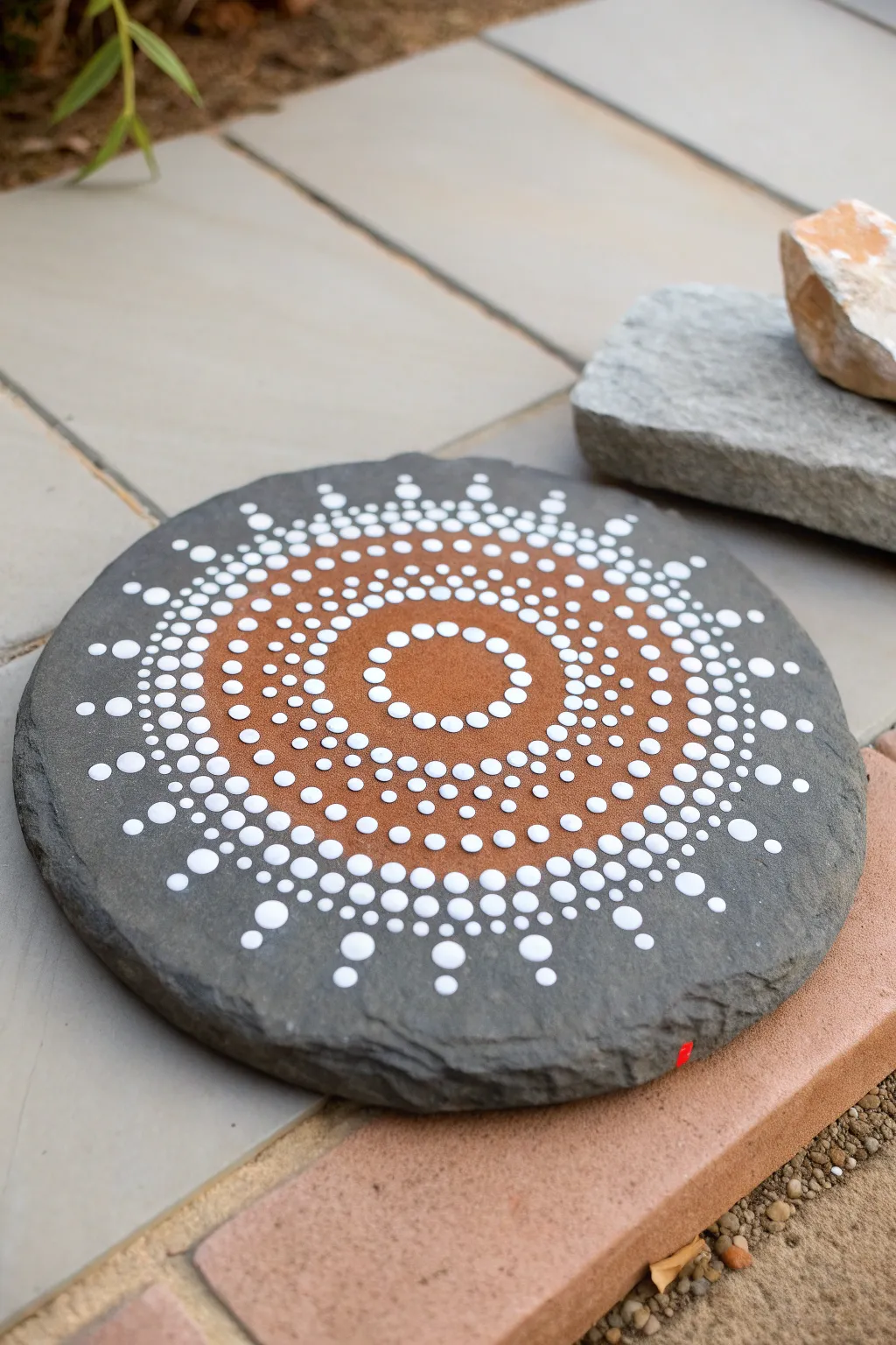 Beginner-friendly dot mandala on slate in white and one bold accent for a clean boho look